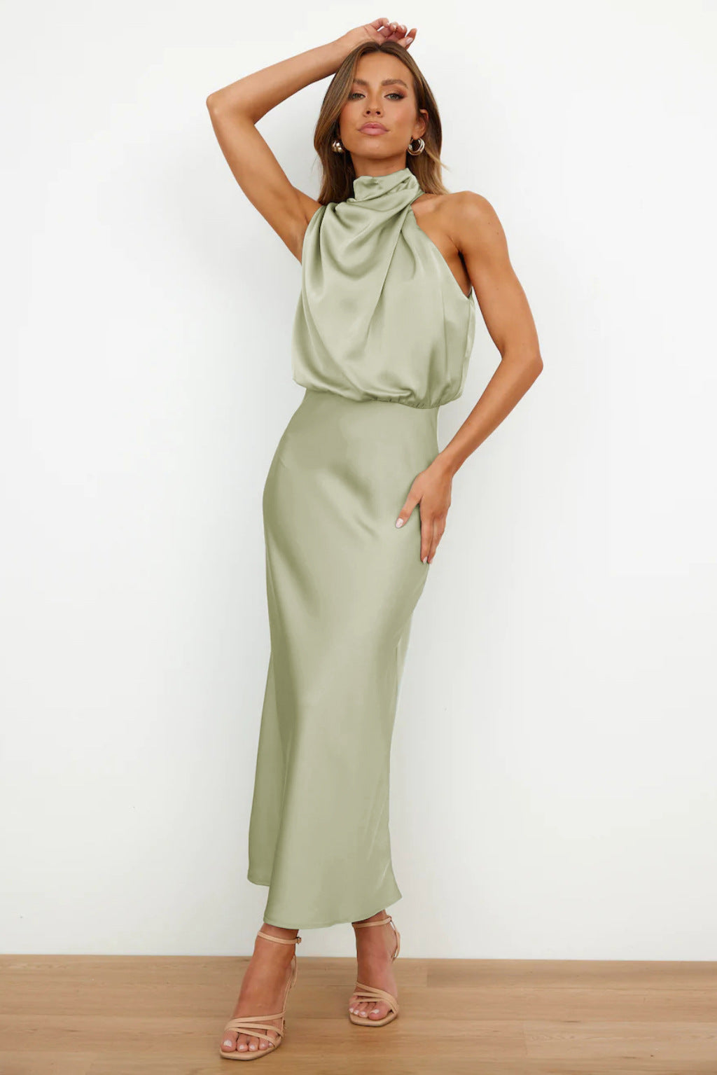 Women Dress | Midi Length Sleeveless Halter Waterfall Neckline Design