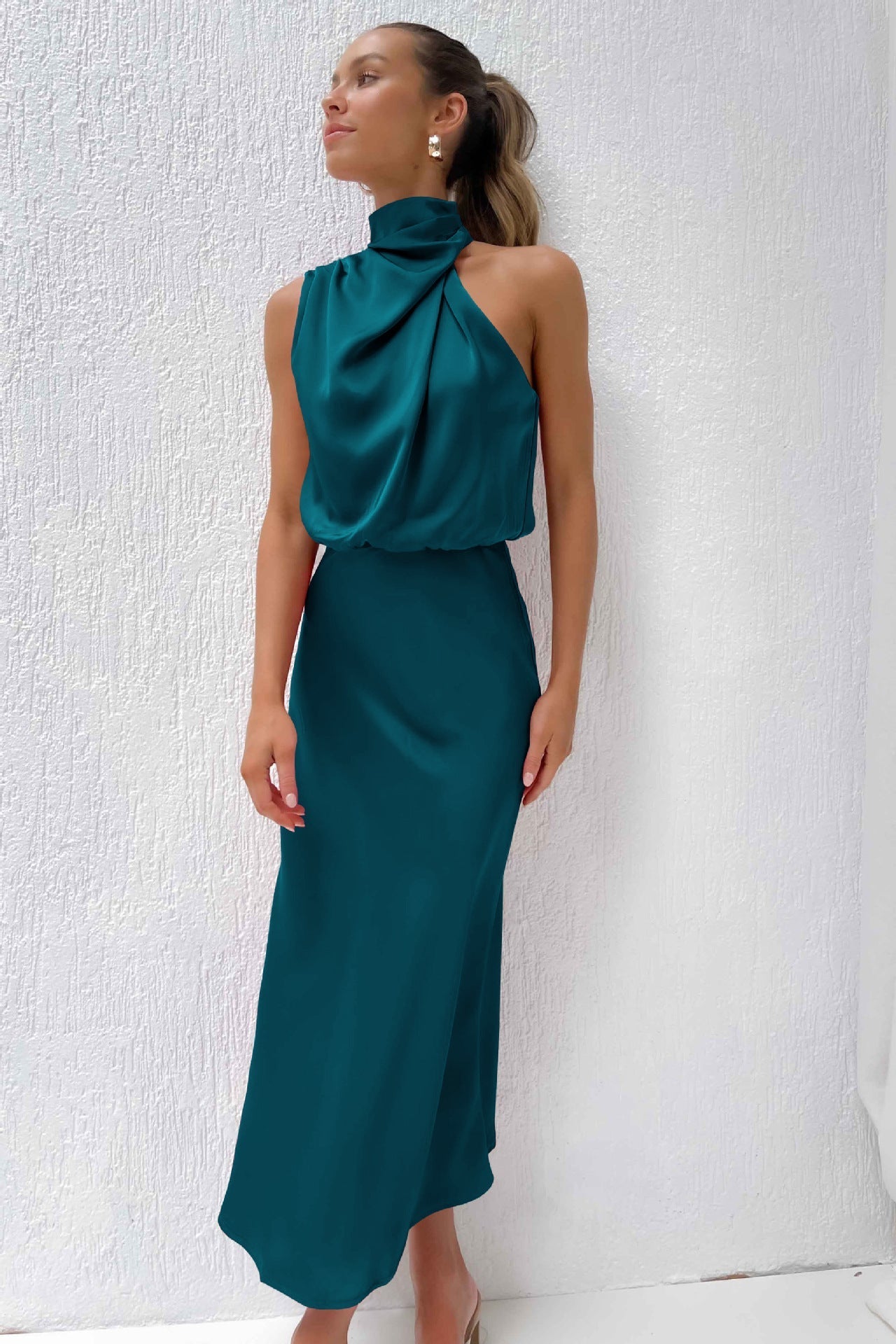 Women Dress | Midi Length Sleeveless Halter Waterfall Neckline Design