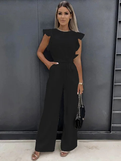 Women Jumpsuit | Slim Fit Ruffled Sleeves And Wide Leg Detail