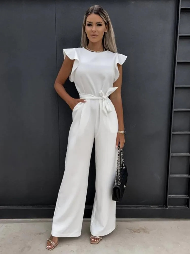 Women Jumpsuit | Slim Fit Wide Leg With Ruffled Sleeves Construction
