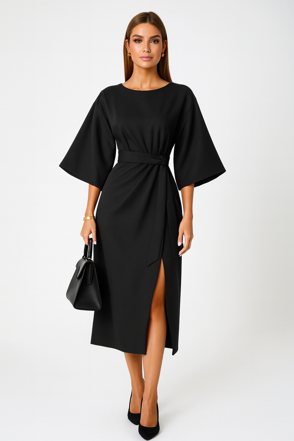 Women Midi Dress | Bell Sleeve Waist Belt Design