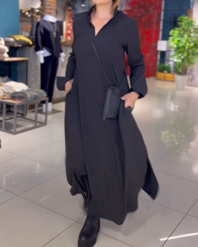 Women Dress | Long Length with Collar V-neck Sleeves Relaxed Fit