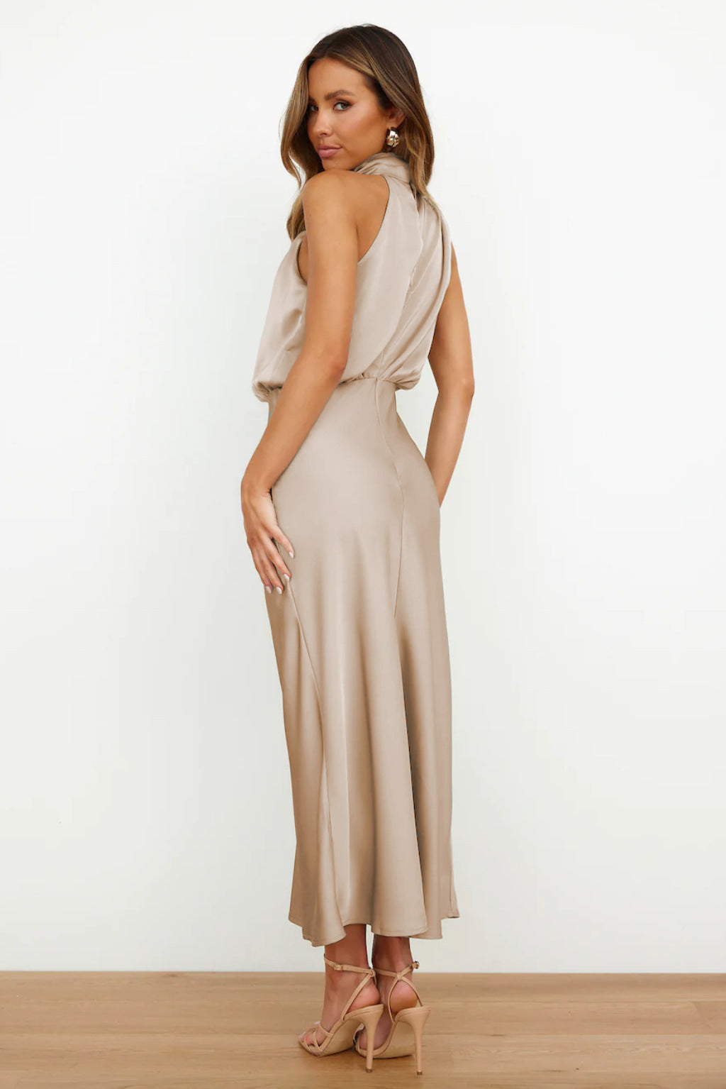 Women Dress | Midi Length Sleeveless Halter Waterfall Neckline Design