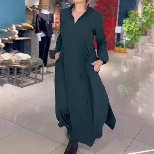 Women Dress | Long Length with Collar V-neck Sleeves Relaxed Fit