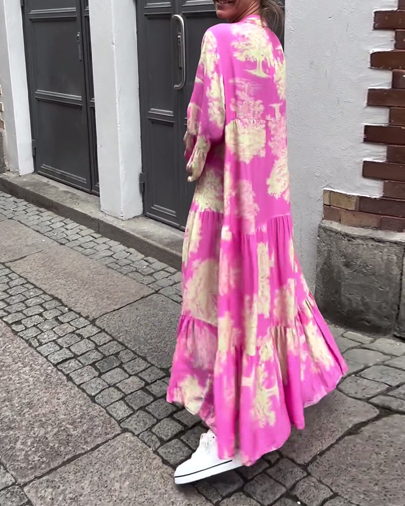 Women Maxi Dress | Stand-Up Collar Button Closure Long Sleeves Detail