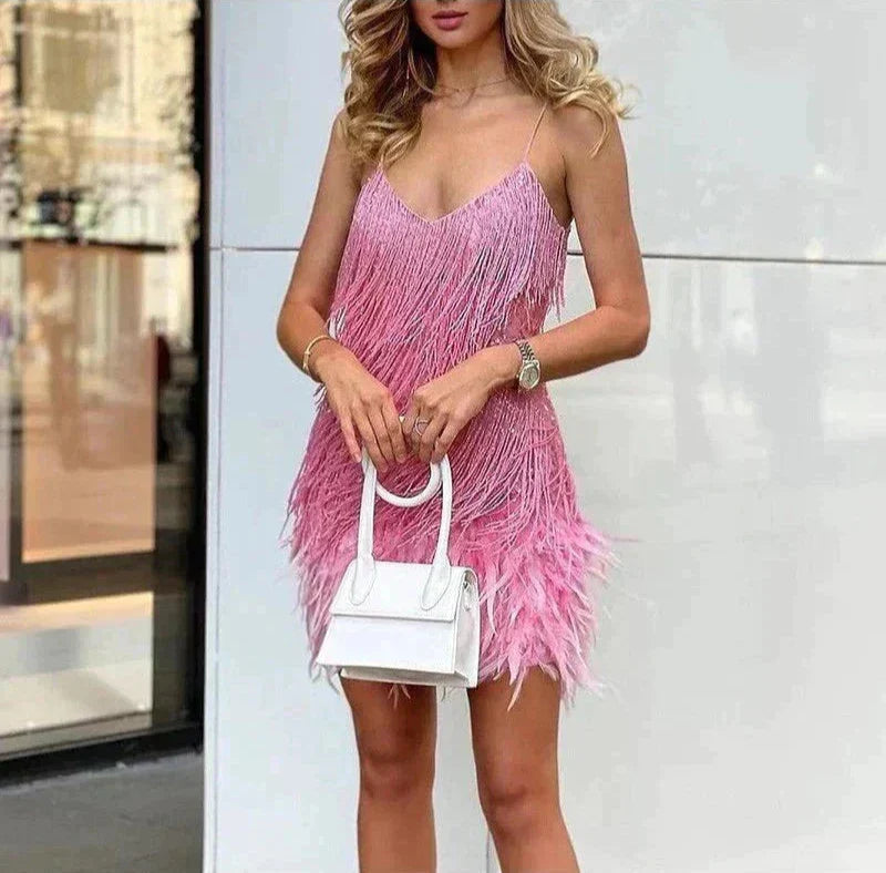 Women Mini Dress | Feather Trimmed Short Length Silhouette Design
