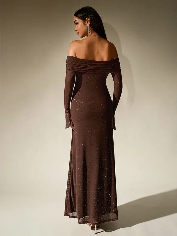 Women Evening Dress | Off-Shoulder Maxi Length With Long Sleeves Cut