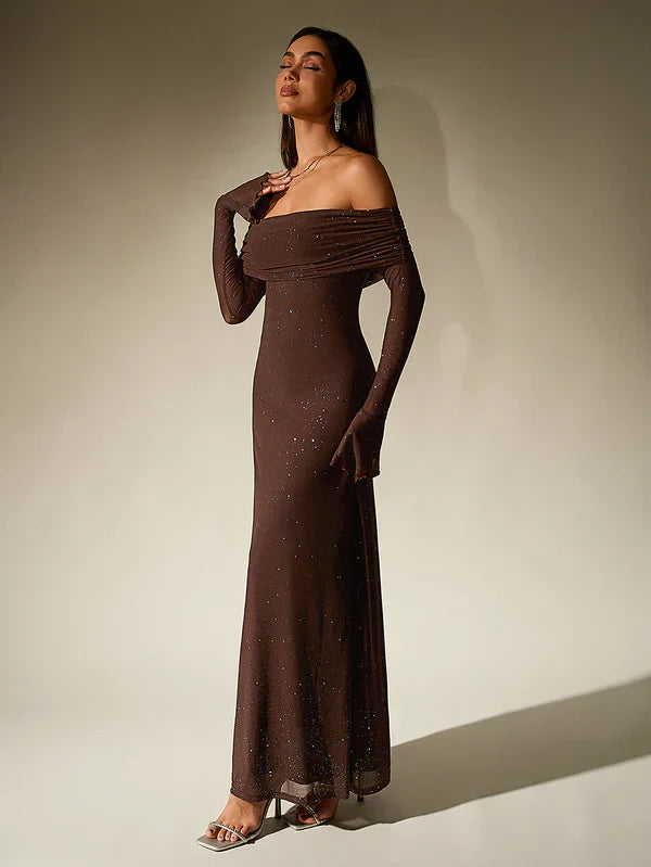 Women Evening Dress | Off-Shoulder Maxi Length With Long Sleeves Cut