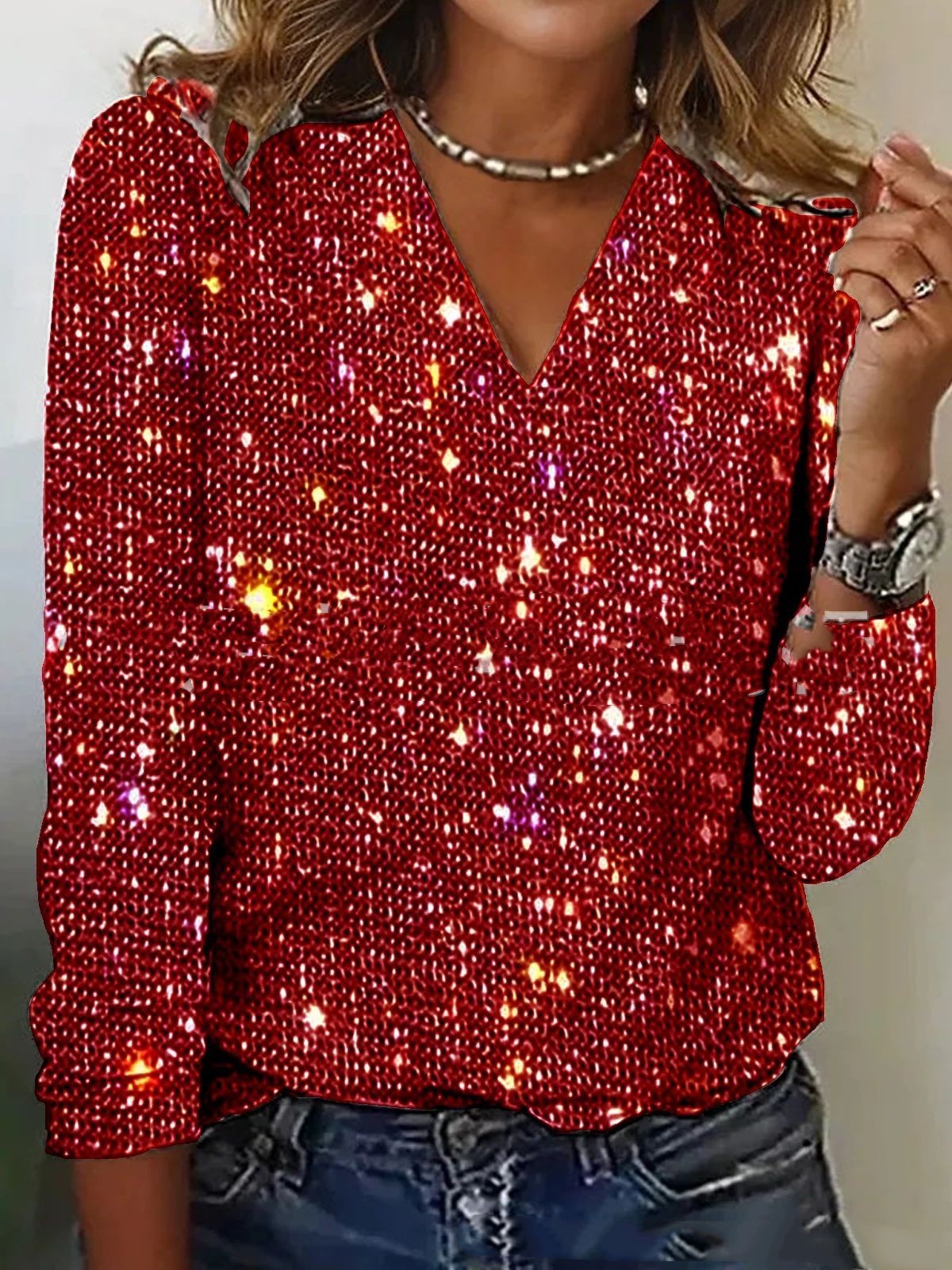 Women Blouse | V Neck Long Sleeve Regular Fit Glitter Detail Design