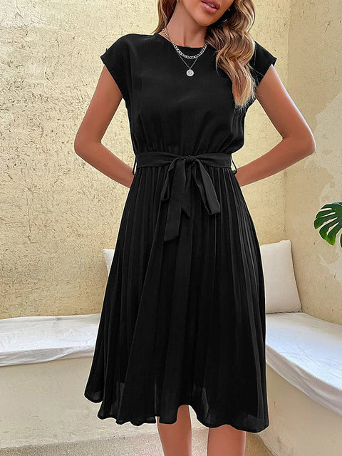 Women Midi Dress | Short-Sleeved Pleated Construction Design