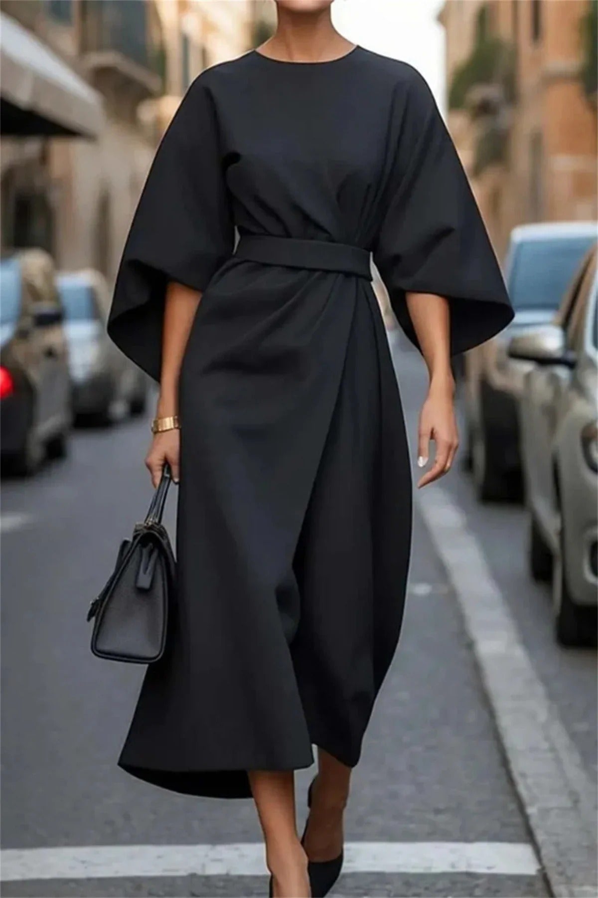 Women Midi Dress | Bell Sleeve Waist Belt Design