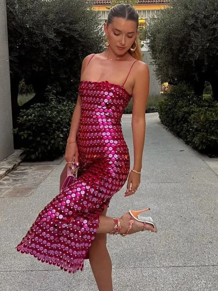 Women Midi Dress | Spaghetti Strap Sequin Design