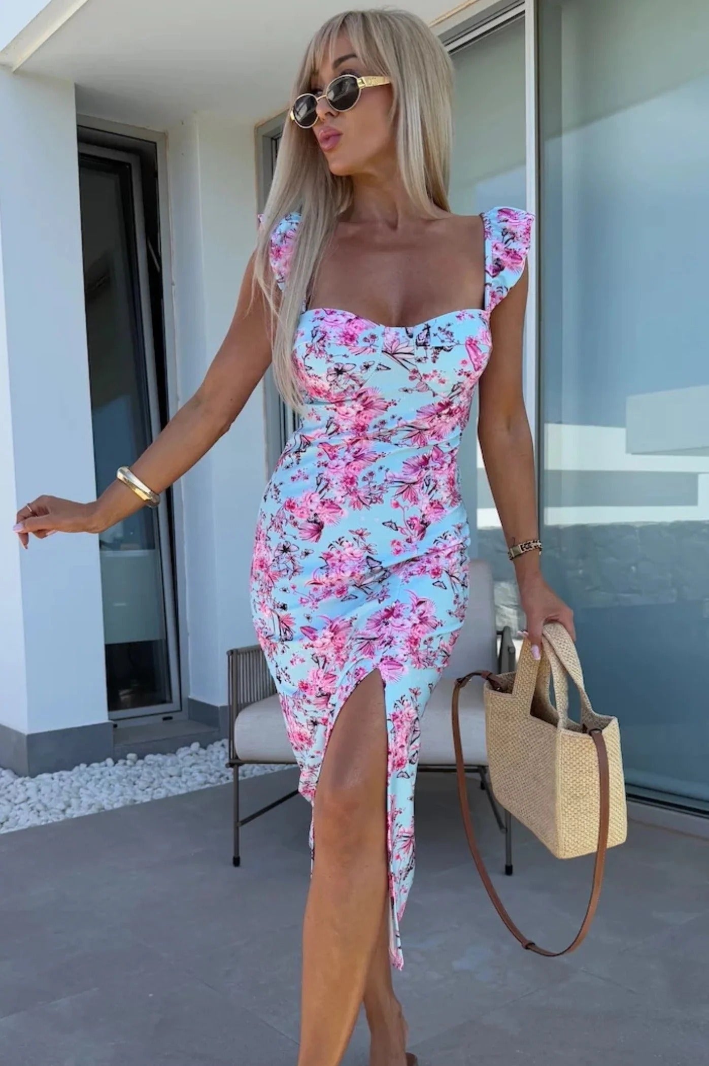 Women Midi Dress | Sweetheart Neckline Slit Detail