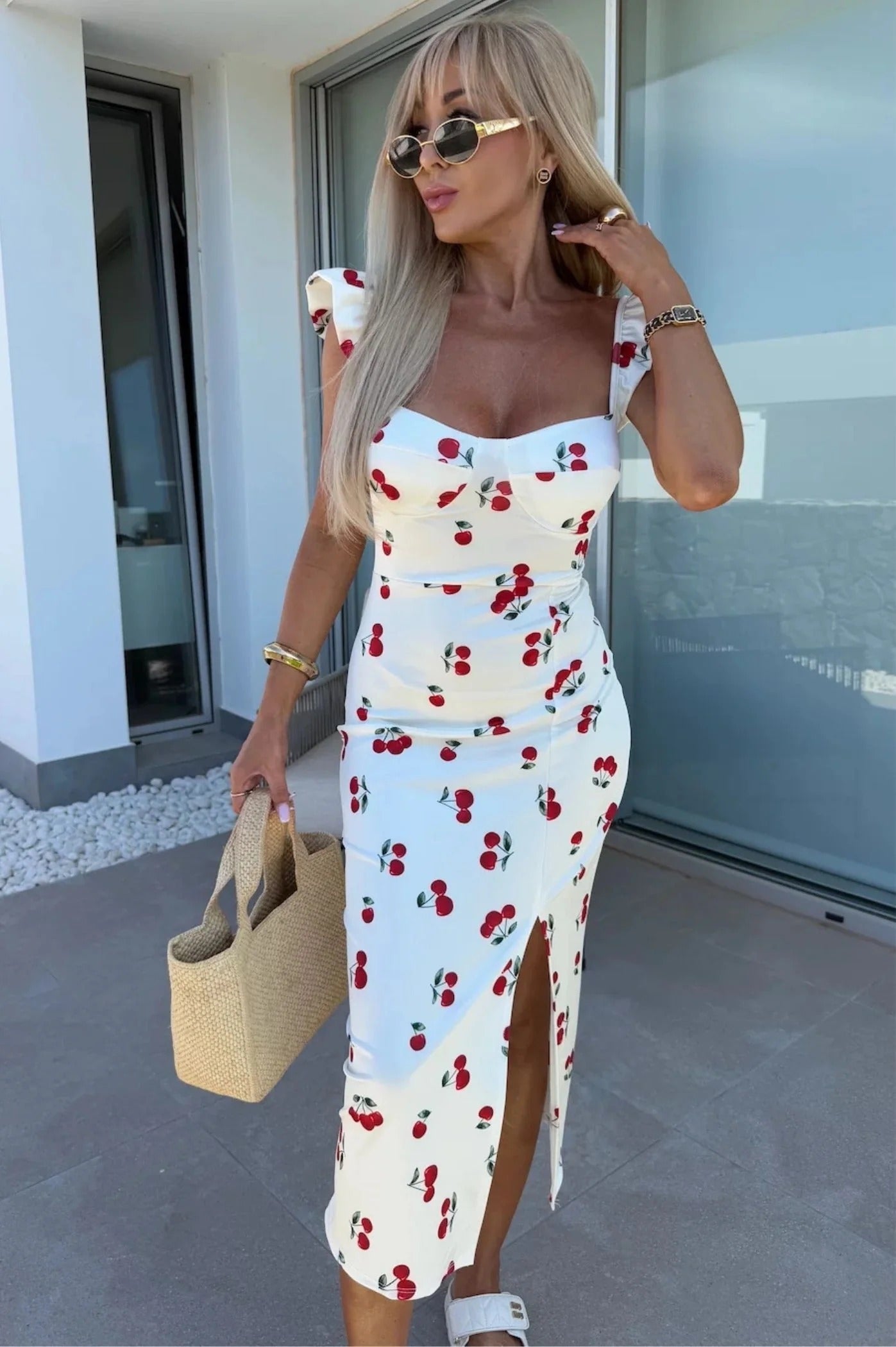 Women Midi Dress | Sweetheart Neckline Slit Detail