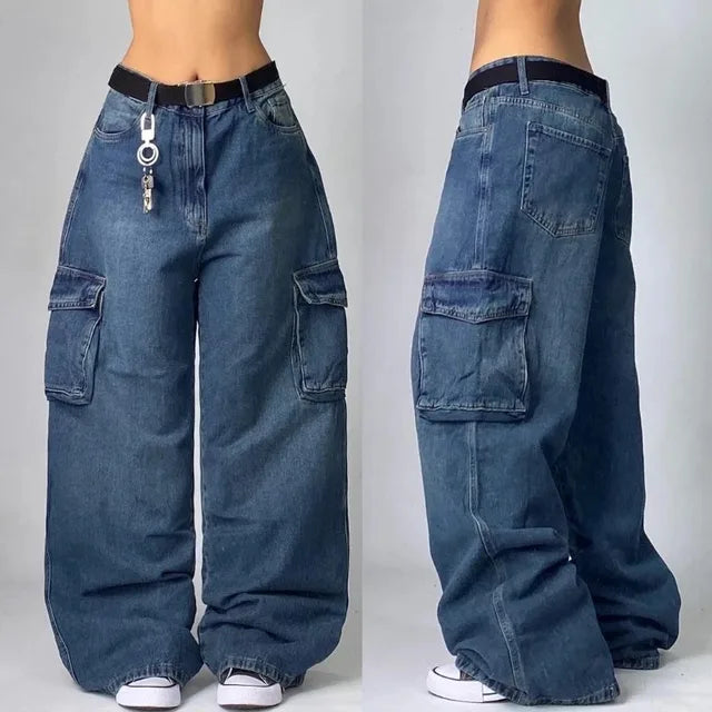 Women Cargo Jeans | Wide Leg Oversized Fit with Pockets Design