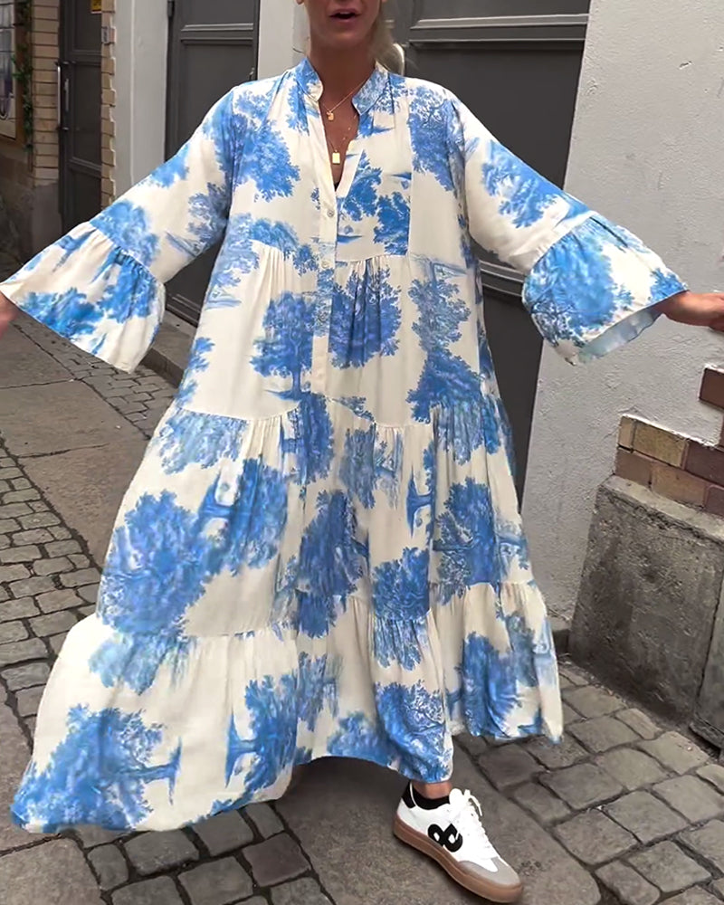 Women Maxi Dress | Stand-Up Collar Button Closure Long Sleeves Detail