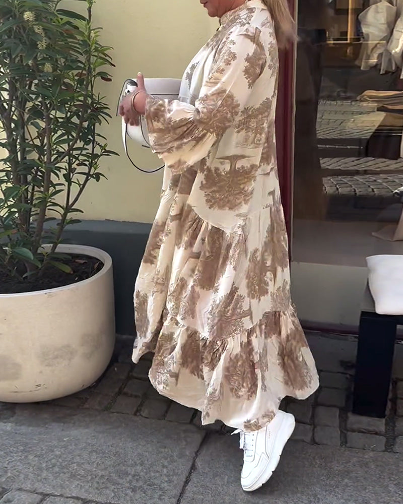 Women Maxi Dress | Stand-Up Collar Button Closure Long Sleeves Detail