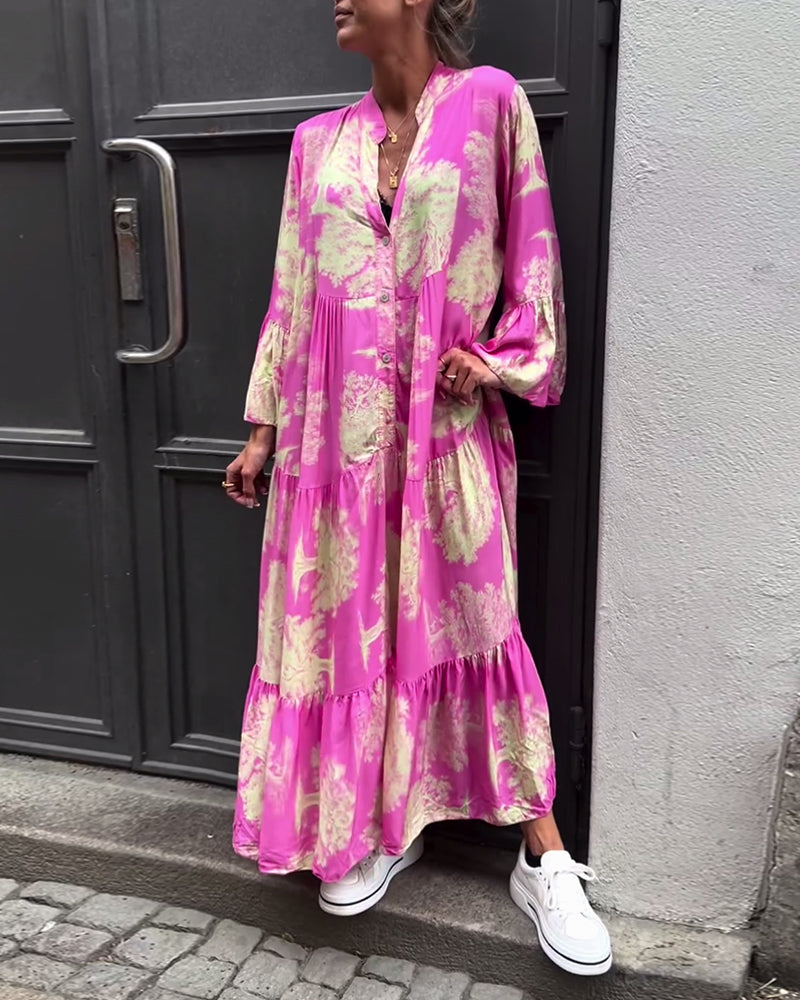 Women Maxi Dress | Stand-Up Collar Button Closure Long Sleeves Detail
