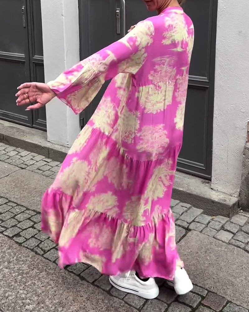 Women Maxi Dress | Stand-Up Collar Button Closure Long Sleeves Detail