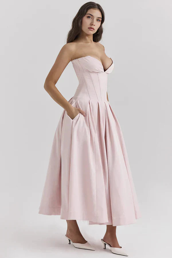 Women Midi Dress | Strapless Corset Bodice Sweetheart Neckline