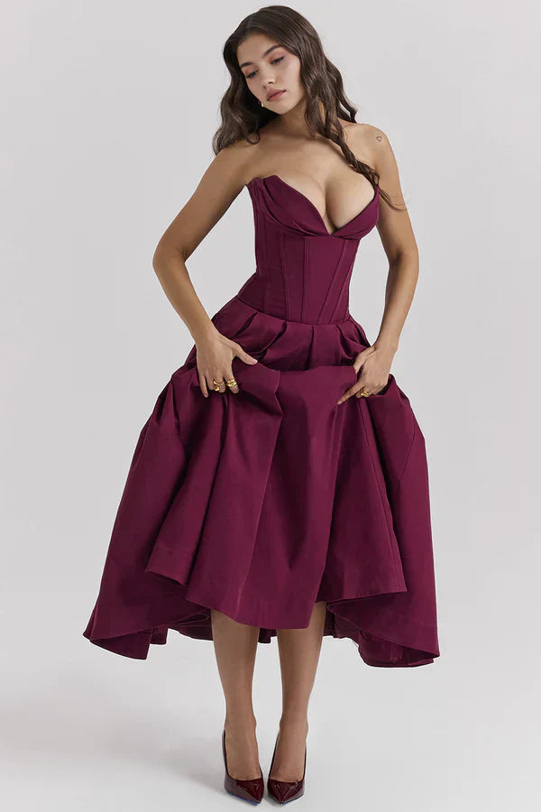 Women Midi Dress | Strapless Corset Bodice Sweetheart Neckline