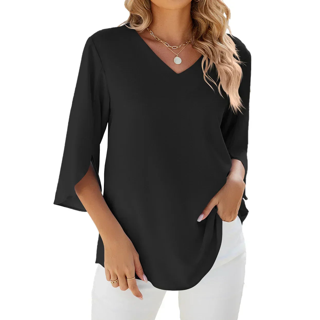 Women Blouse | Three Quarter Sleeve V Neck Top