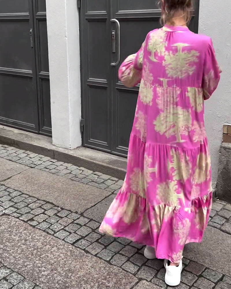 Women Maxi Dress | Stand-Up Collar Button Closure Long Sleeves Detail