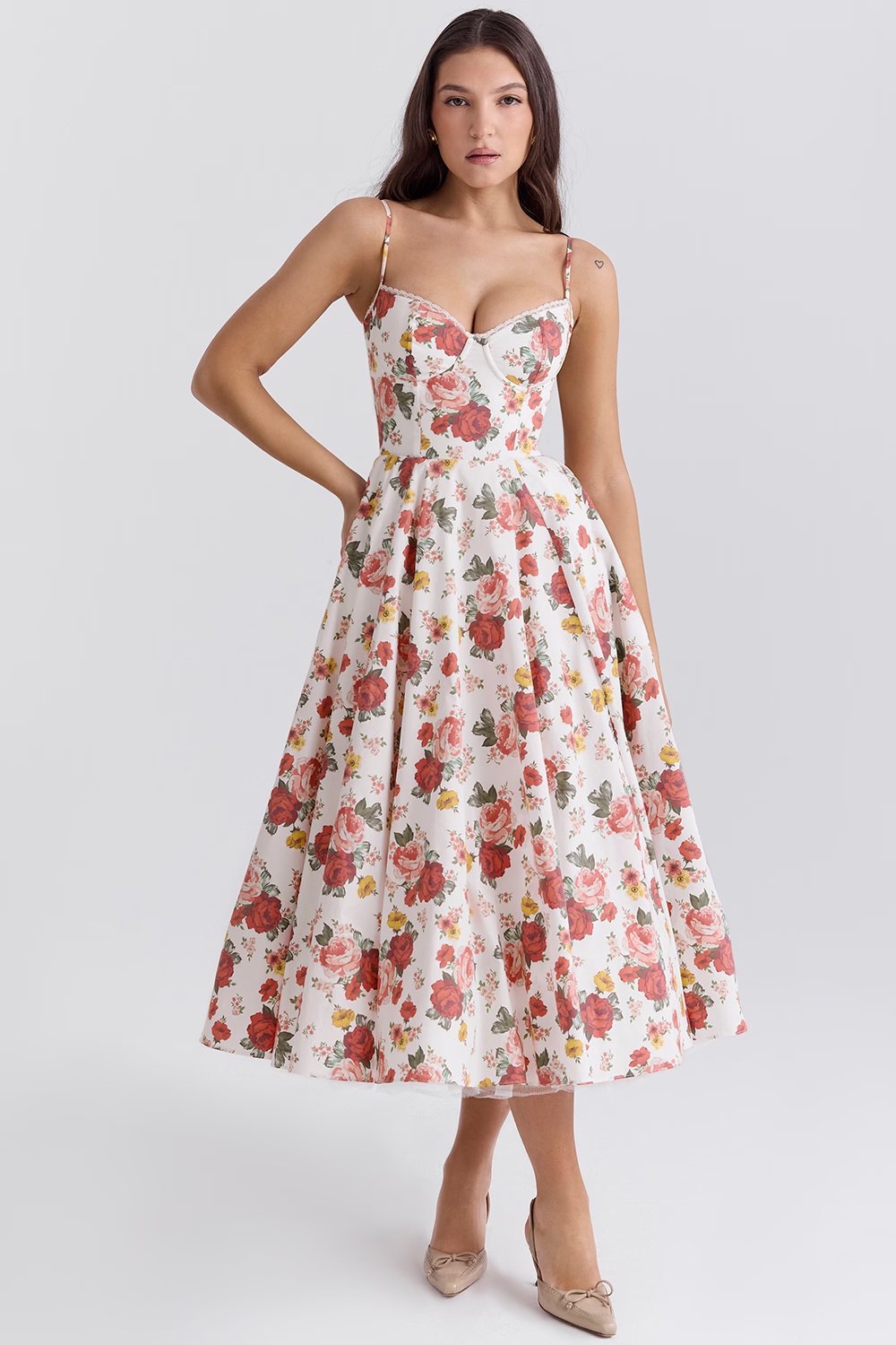 Women Midi Dress | A-Line Skirt With Corset Bodice Sweetheart Neckline