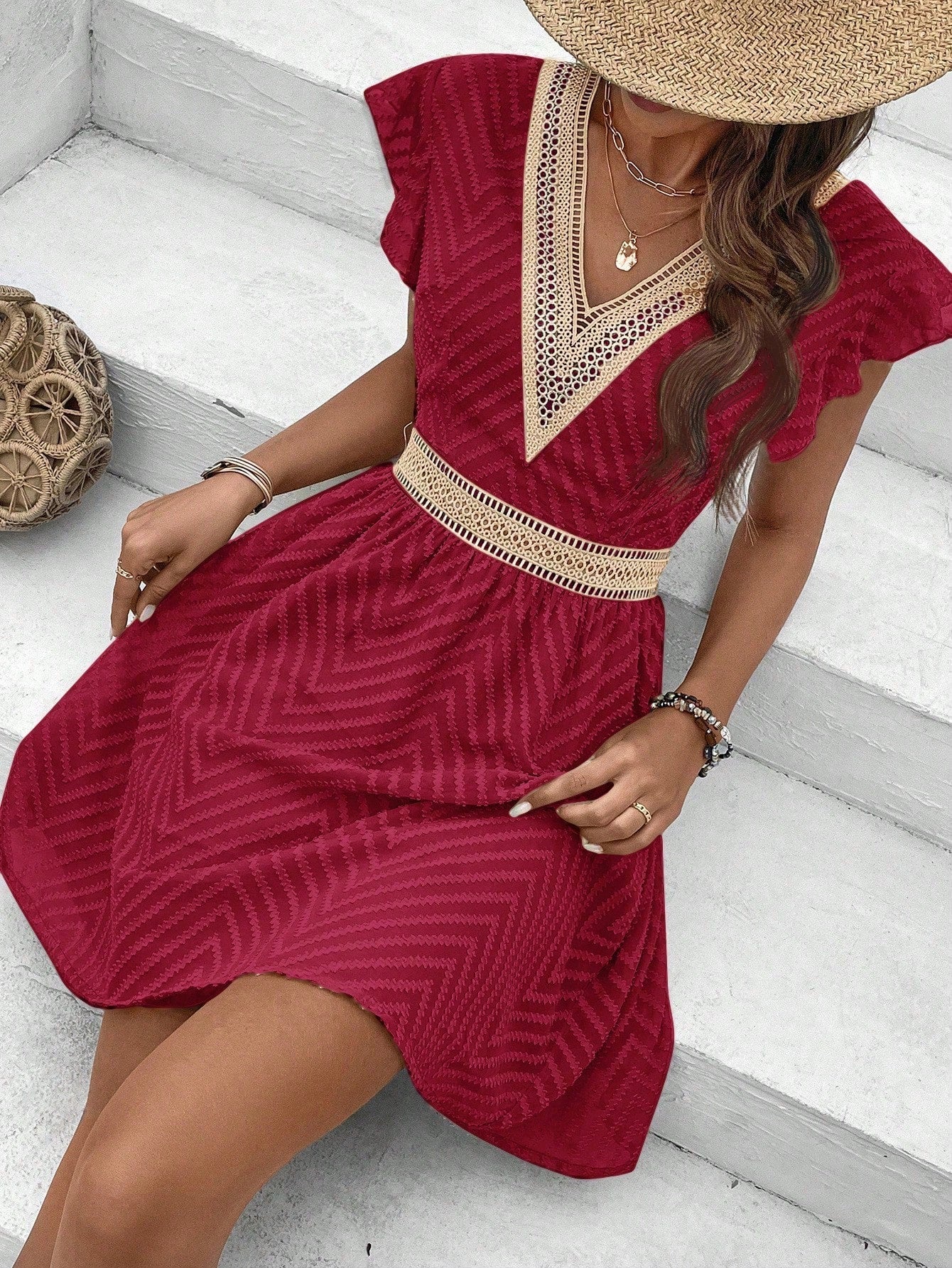 Women Dress | Short Sleeve Knee Length V-Neck Elastic Waistband Design