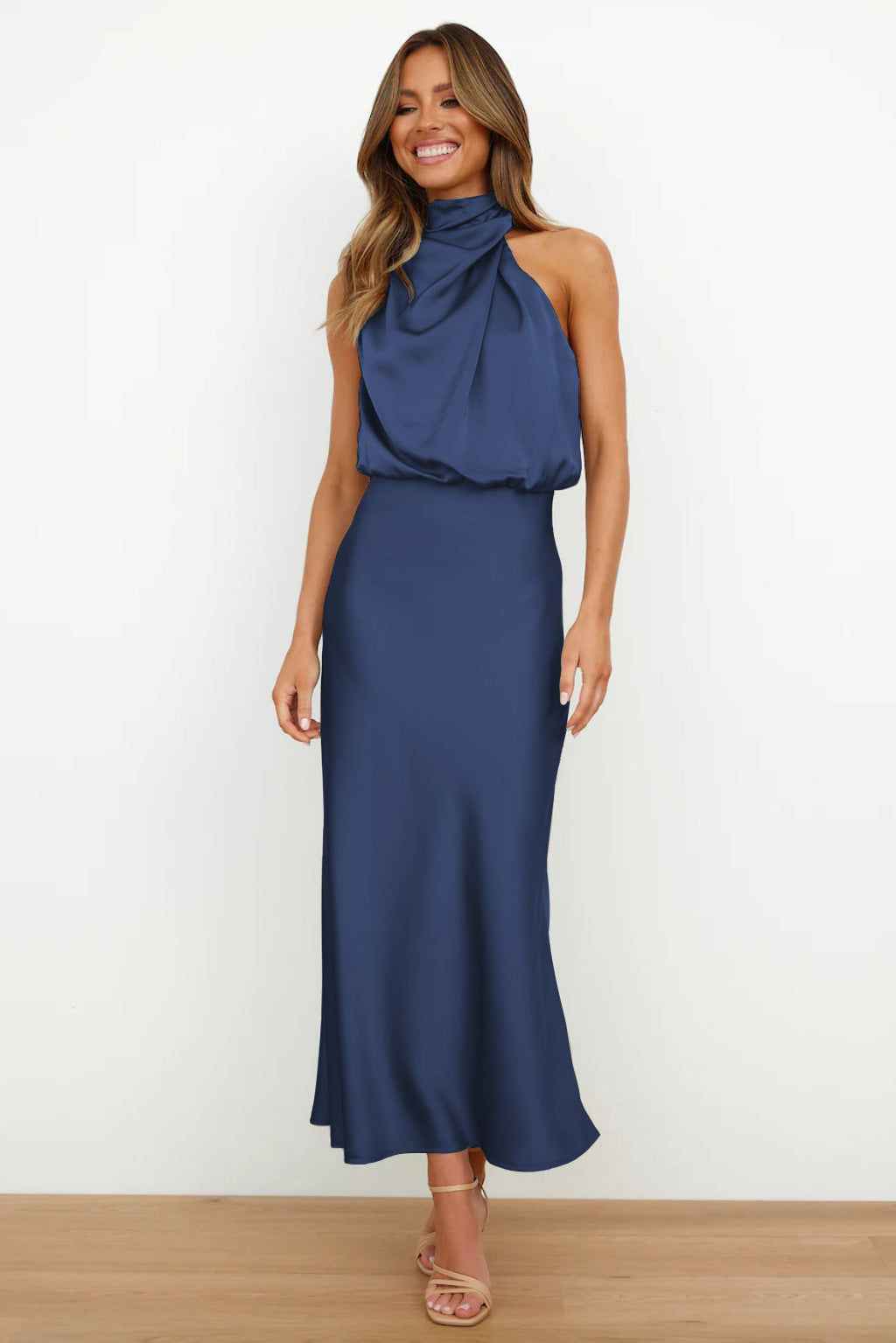 Women Dress | Midi Length Sleeveless Halter Waterfall Neckline Design