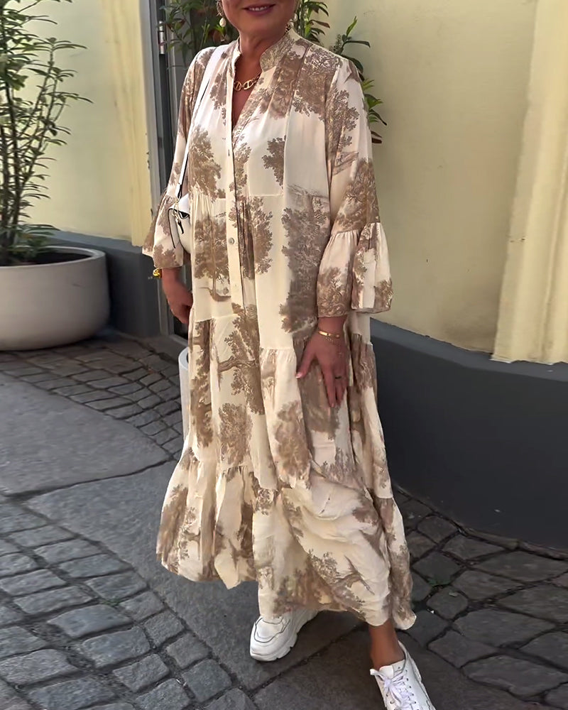 Women Maxi Dress | Stand-Up Collar Button Closure Long Sleeves Detail