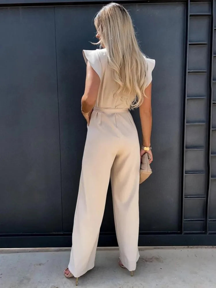 Women Jumpsuit | Slim Fit Wide Leg With Ruffled Sleeves Construction