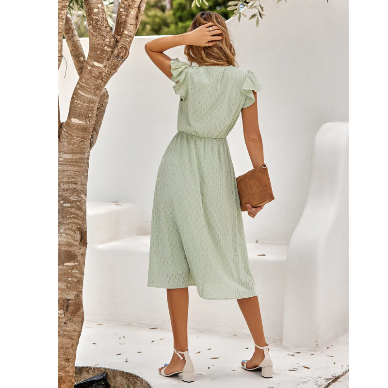 Women Midi Dress | Short Sleeve V Neck Ruffle A Line Elastic Waist