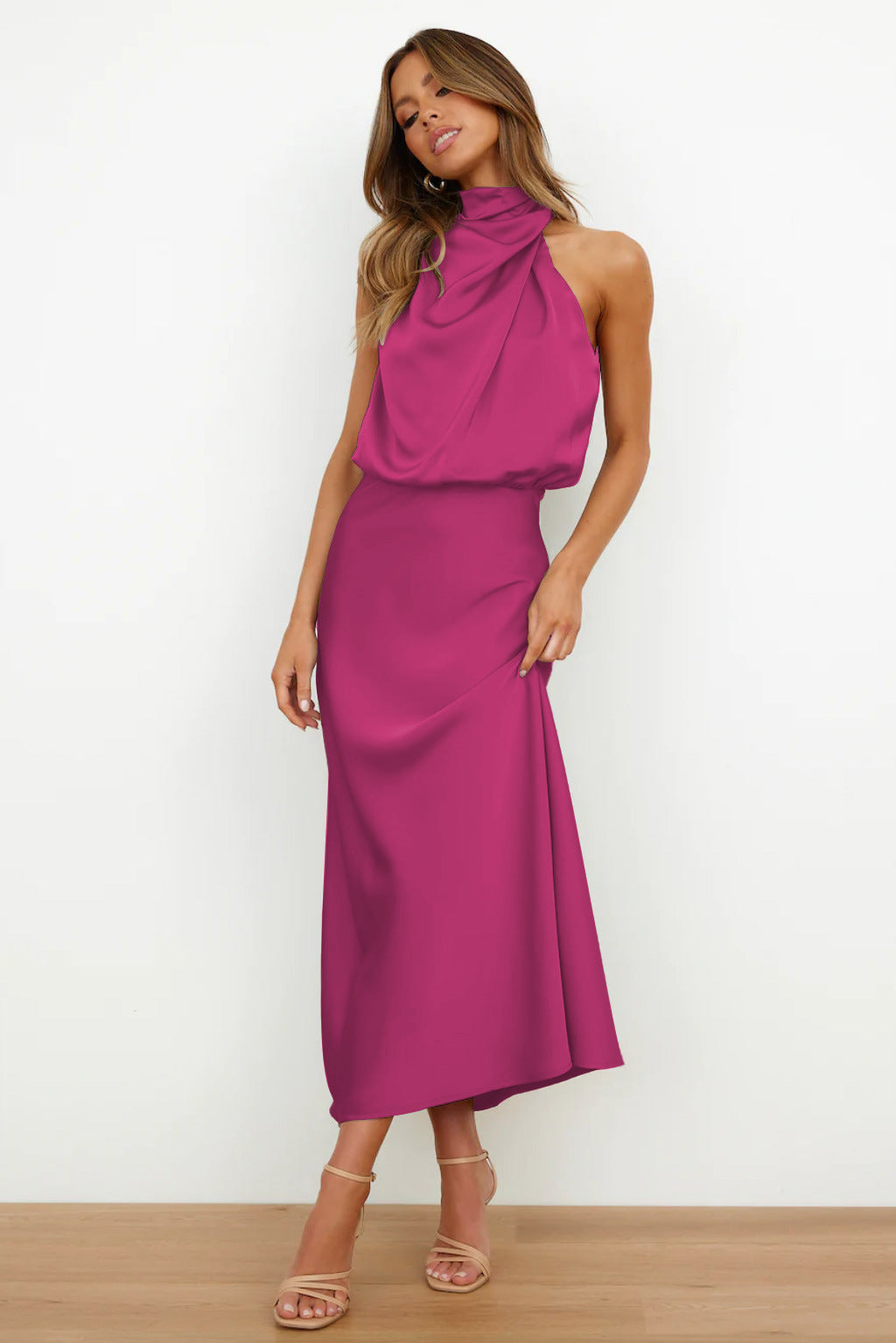 Women Dress | Midi Length Sleeveless Halter Waterfall Neckline Design