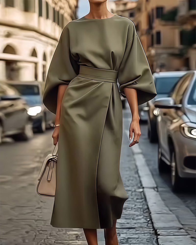 Women Midi Dress | Three Quarter Sleeves Waist Belt Design