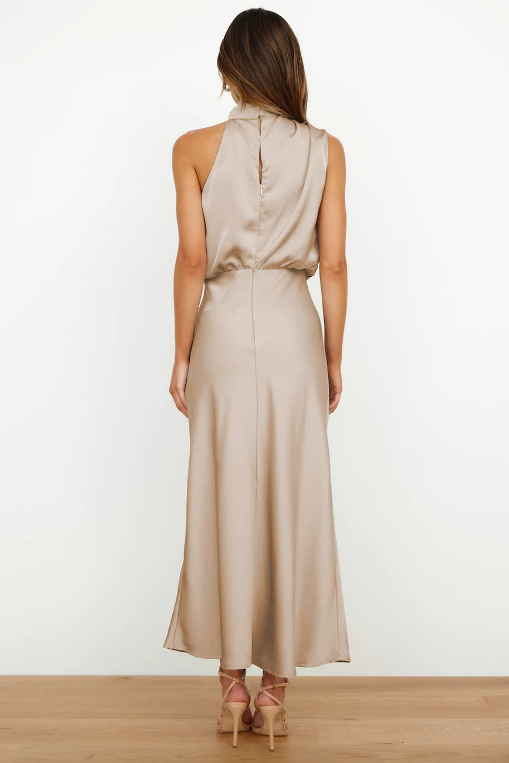 Women Dress | Midi Length Sleeveless Halter Waterfall Neckline Design