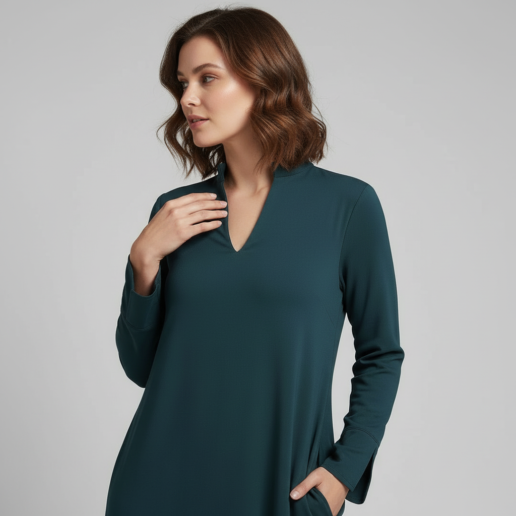 Women Dress | Long Length with Collar V-neck Sleeves Relaxed Fit