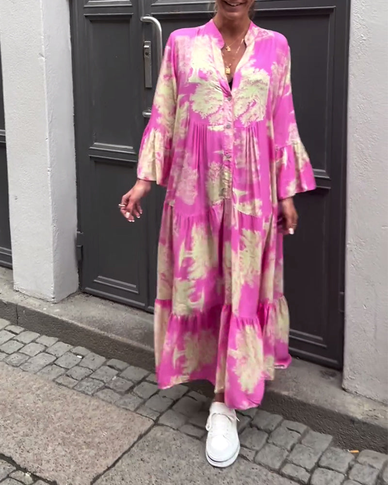 Women Maxi Dress | Stand-Up Collar Button Closure Long Sleeves Detail