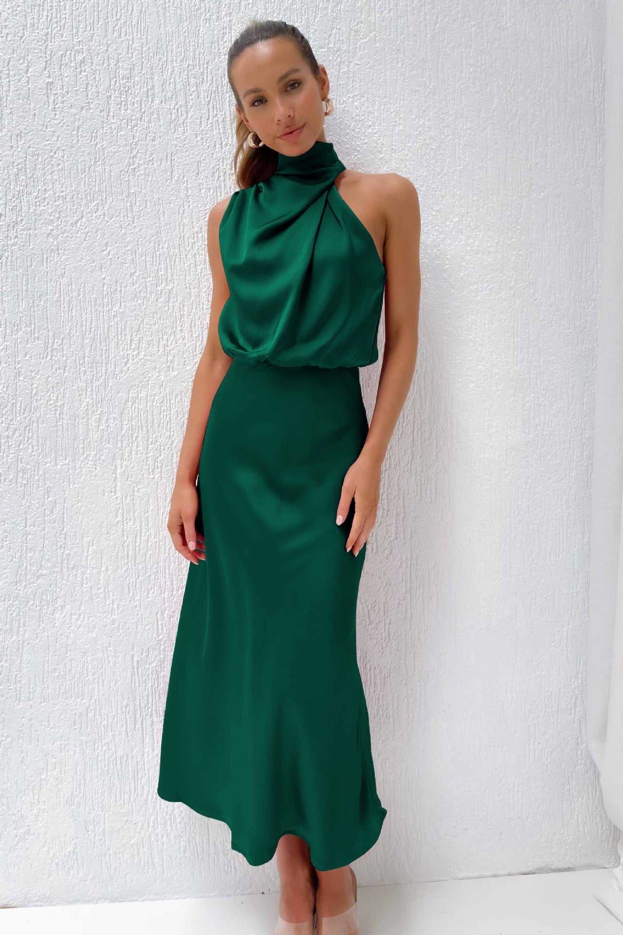 Women Dress | Midi Length Sleeveless Halter Waterfall Neckline Design