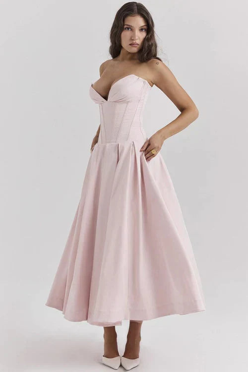 Women Midi Dress | Strapless Corset Bodice Sweetheart Neckline