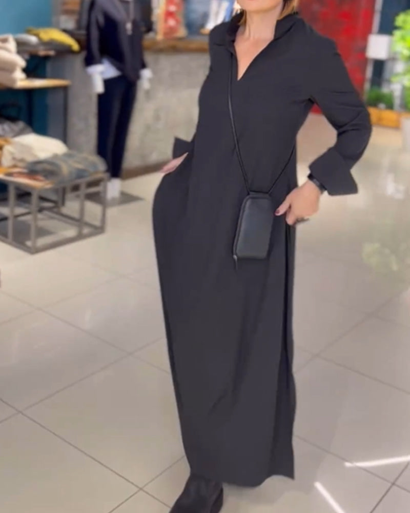 Women Dress | Long Length with Collar V-neck Sleeves Relaxed Fit