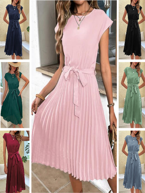 Women Midi Dress | Short-Sleeved Pleated Construction Design