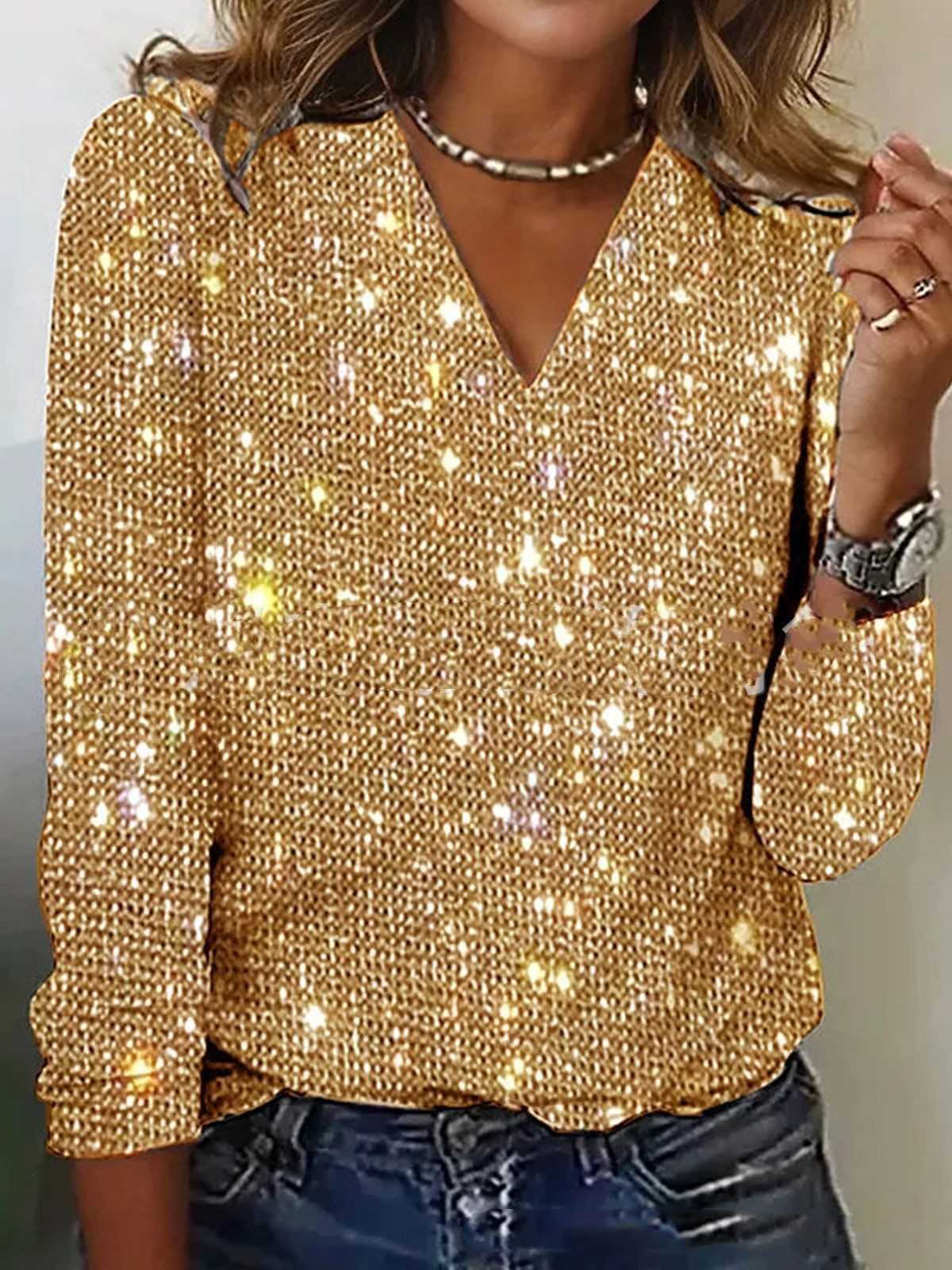Women Blouse | V Neck Long Sleeve Regular Fit Glitter Detail Design