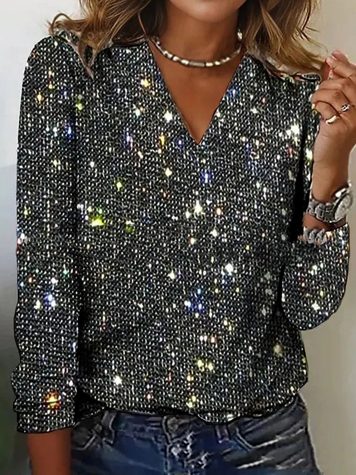 Women Blouse | V Neck Long Sleeve Regular Fit Glitter Detail Design