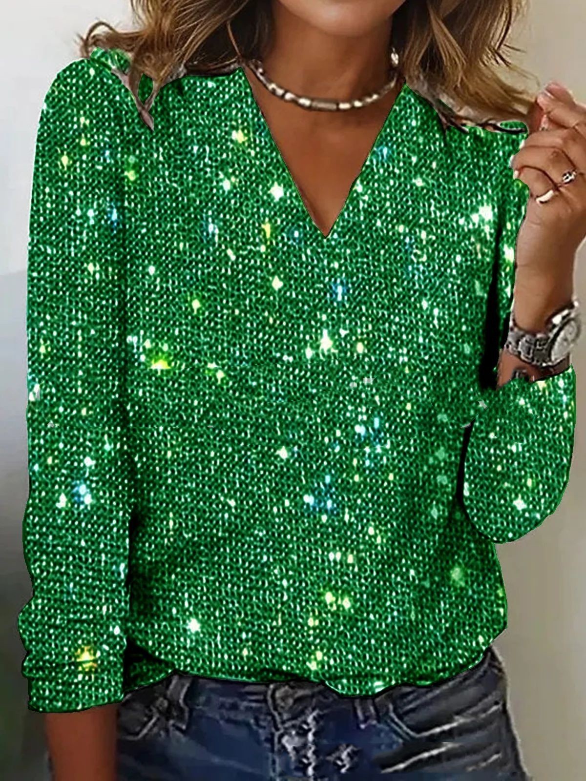 Women Blouse | V Neck Long Sleeve Regular Fit Glitter Detail Design