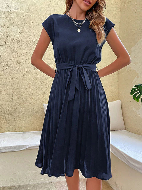 Women Pleated Midi Dress | Short-Sleeved Upper Arm Coverage Design