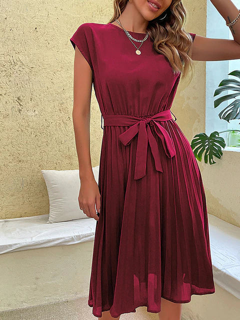 Women Midi Dress | Short-Sleeved Pleated Construction Design