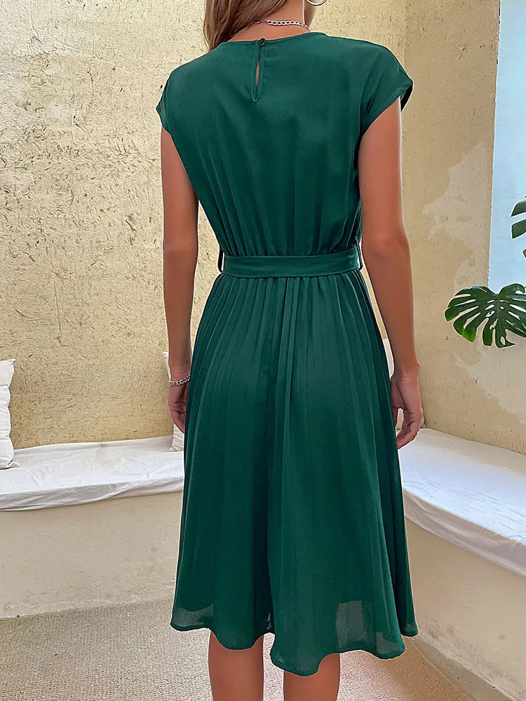 Women Midi Dress | Short-Sleeved Pleated Construction Design