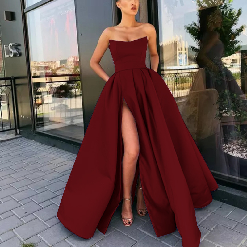 Women Ball Gown | Strapless Maxi Silhouette With High Slit Detail