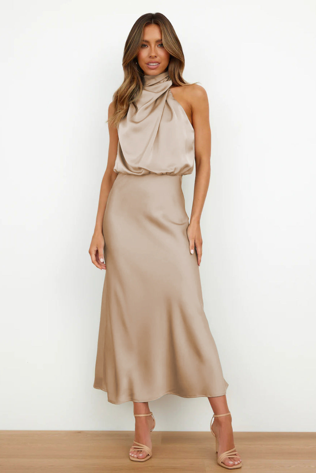 Women Dress | Midi Length Sleeveless Halter Waterfall Neckline Design